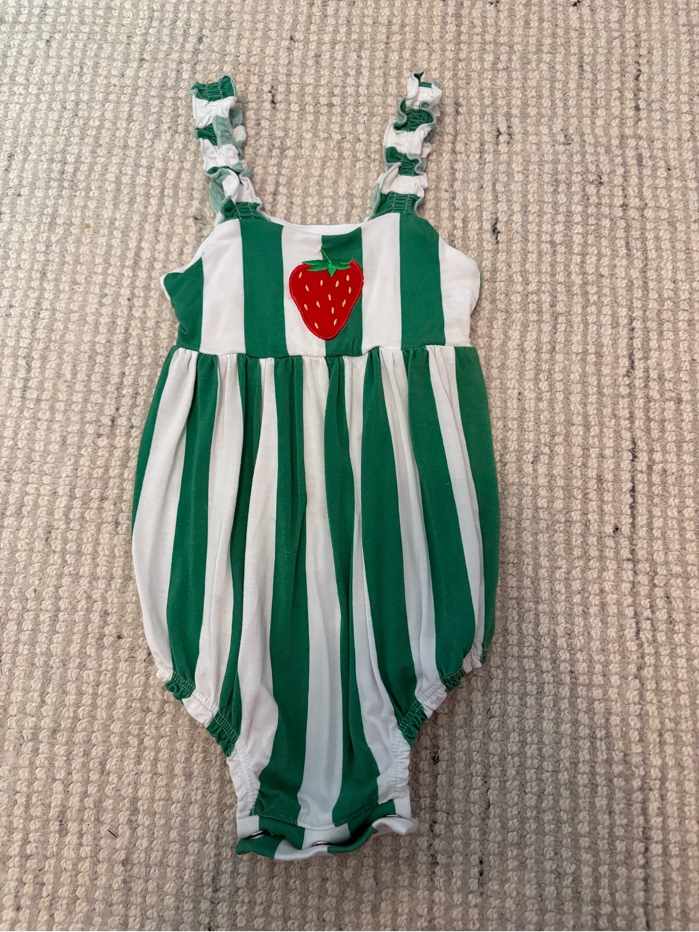 Posh Peanut Green & White Striped Strawberry Applique One-Piece